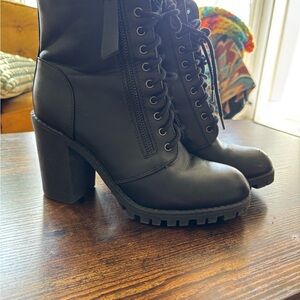 Black Lace Up Boots with Chunky Heel
